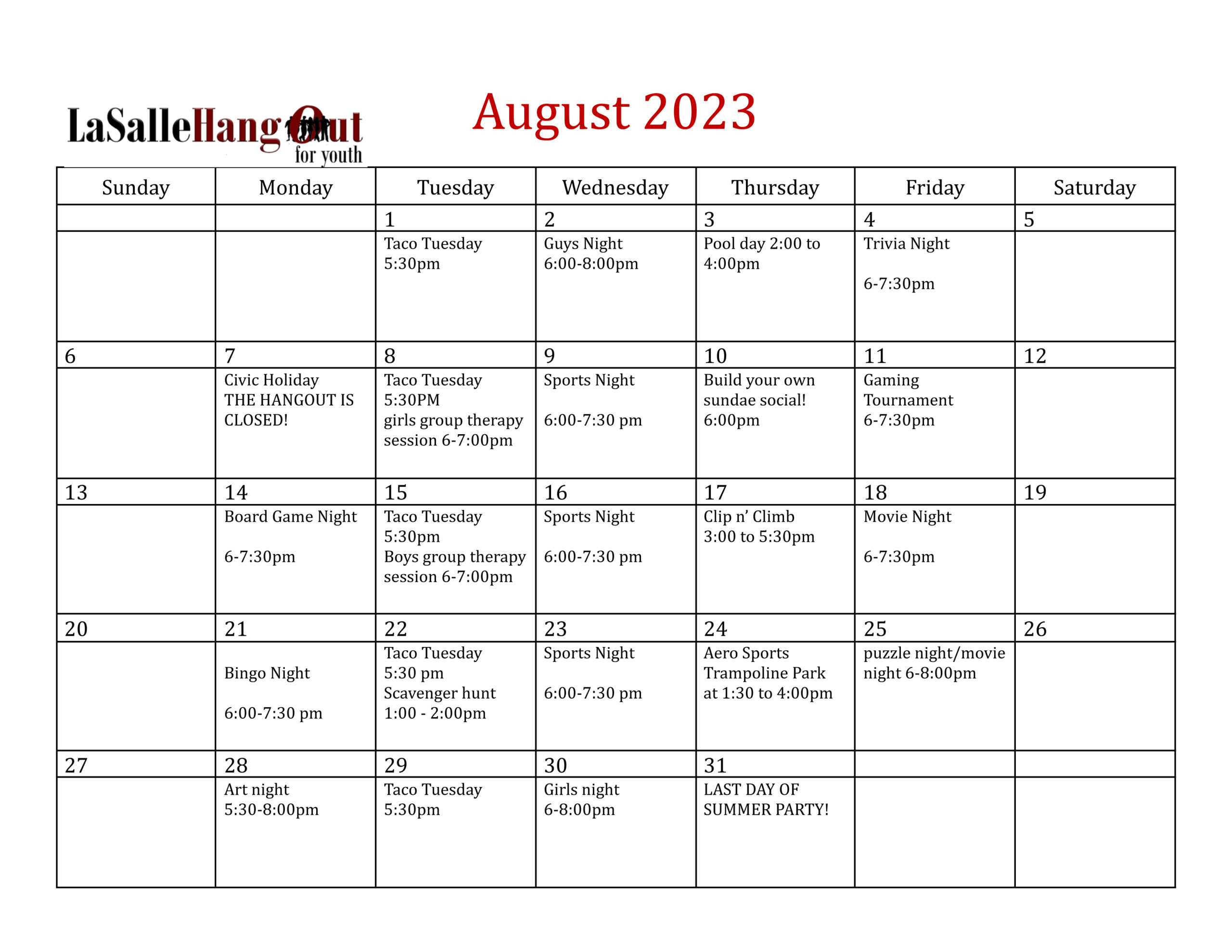 Tentative August 2023 schedule